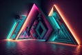 3d render, abstract geometric background with neon lights, glowing triangle shapes Royalty Free Stock Photo