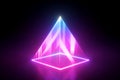 3d render, abstract geometric background. Pyramid of neon light isolated on black. Blue pink laser rays in the dark