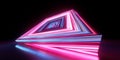 3d render. Abstract geometric background of square neon linear frames glowing in the dark. Futuristic wallpaper