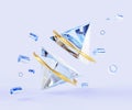 3d render abstract geometric blue background, glass transparent clear triangles with gold rings and flying plastic tubes Royalty Free Stock Photo