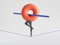 3d render. Abstract geometric cartoon character, confident graceful tightrope walker. Red torus with mannequin legs walks on rope