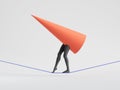 3d render. Abstract geometric cartoon character, tightrope walker. Red cone with black mannequin legs walks on rope.