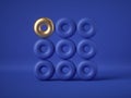 3d render, abstract geometric design: golden torus amongst the blue donuts isolated on blue background. Balance, gravity