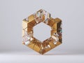 3d render, abstract geometric hexagon shape, gold and crystal glass mosaic pieces, cracked surface with hole. Split object