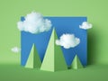 3d render abstract geometric landscape, simple cartoon green pyramidal mountains and white clouds in blue sky, paper craft scene.