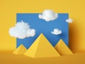 3d render abstract geometric landscape, simple cartoon yellow pyramids and white clouds in blue sky, paper craft scene.