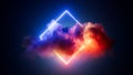 3d render, abstract geometric neon background. Glowing linear rhombus shape inside the colorful cloud, minimalist fantastic