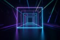 3d render, abstract geometric neon background with glowing square frame. Laser linear shape inside the dark tunnel Generative AI.