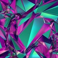 3d render, abstract geometric pink green polygonal faceted background, crystal structure, crumpled holographic metallic foil
