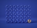 3d render, abstract geometric structure: golden torus amongst the blue donuts isolated on blue background. Balance, gravity