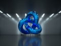 3d render, abstract geometrical shape, shiny metallic knotted torus inside dark room with white light, glossy blue chrome object