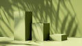 3d render, abstract green background with leaves shadow and bright sunlight. Minimal showcase scene with cubic stone pedestals.