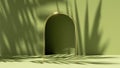 3d render abstract green background with tropical leaf shadows and bright sunlight. Minimal scene with arch niche and golden