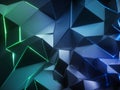 3d render, abstract green blue crystal background, faceted metallic texture, neon light, glowing laser lines, triangles Royalty Free Stock Photo