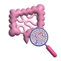 3d render Abstract human intestine and magnifier. Gut microbiome concept. SIBO, leaky gut syndrome and candida growth