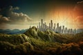 3d render of abstract landscape with skyscrapers on the horizon, A beautiful landscape merging with a bar graph illustrating