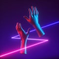 3d render, abstract mannequin hands with colorful glowing neon line. Modern minimal concept.