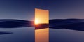 3d render. Abstract minimal background of fantastic sunset landscape, golden flat geometric mirror, hills and reflection in the