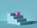 3d render, abstract minimal background. Pink ball placed on blue steps, isolated stairs. Blank pedestal, empty podium. Royalty Free Stock Photo