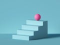 3d render, abstract minimal background. Pink ball placed on blue steps, isolated stairs. Career metaphor. Pedestal, podium. Royalty Free Stock Photo