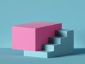 3d render, abstract minimal background. Pink steps, stairs isolated on blue. Blank pedestal, empty podium. Architectural element,