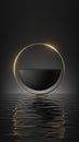 3d render, abstract minimal black background with blank hemisphere podium, golden ring and reflection in the water on the wet