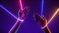 3d render abstract minimal futuristic concept, artificial marionette hands with colorful strings, pink blue yellow neon light