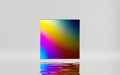 3d render, abstract minimal geometric background. Colorful iridescent square shape, water ripples and reflection Royalty Free Stock Photo