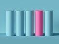 3d render, abstract minimal geometric background. One pink cylinder, row of blue cylinders. Isolated objects, primitive shapes.