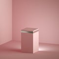 3d render abstract minimal pink background with copy space. Empty podium with silver decor, vacant cubic pedestal