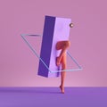 3d render, abstract minimal surreal concept. Geometric shapes, human mannequin legs isolated on pink background. Modern fashion