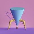 3d render, abstract minimal surreal contemporary art. Geometric concept, blue cone, yellow legs isolated on pink background.