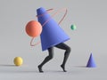 3d render, abstract minimal surreal contemporary art. Geometric concept, cone, black legs walk, red ring, yellow ball