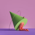 3d render, abstract minimal surreal contemporary art. Geometric concept, green cone, red legs isolated on pink background.