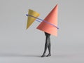 3d render, abstract minimal surreal contemporary art. Geometric concept, two red yellow cones, black legs stand, blue ring,