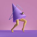 3d render, abstract minimal surreal contemporary art. Geometric concept, violet cone, yellow legs isolated on pink background.