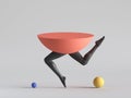 D render, abstract minimal surreal design, funny contemporary art. Colorful geometric shapes, red hemisphere with black human