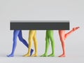 3d render, abstract minimal surreal fashion concept, funny contemporary art sculpture. Colorful human model legs. Empty podium,