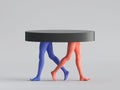 3d render, abstract minimal surreal fashion concept, funny contemporary art sculpture. Colorful human model legs. Empty podium,