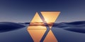3d render. Abstract minimalist background of fantastic sunset landscape, golden triangular flat mirrors, hills and reflection.