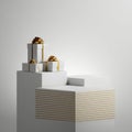 3d render. Abstract minimalist conceptual background. Gift boxes with gold ribbons on beige podiums under dramatic studio light Royalty Free Stock Photo