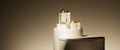 3d render. Abstract minimalist conceptual background. White gift boxes with gold ribbons on white podiums under dramatic light, Royalty Free Stock Photo