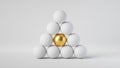 3d render, abstract minimalist geometric background. Gold ball placed in the center of triangular pile of white balls