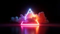 3d render, abstract minimalist neon background. Illuminated cloud and colorful triangular frame glowing in the dark. Fantastic
