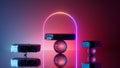 3d render, abstract minimalist red blue neon background. Stone platform balance on the glass ball, glowing linear arch, mirror