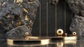 A 3D render of an abstract modern minimal background with black and gold cobblestones, metallic balls, and reflections Royalty Free Stock Photo