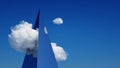 3d render, abstract modern minimal background, mirror pyramid skyscraper under the blue sky with white clouds