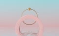 3d render, abstract modern minimal background with simple geometric shapes. Golden metal ring behind the pink round arch
