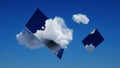 3d render, abstract modern minimal background with white clouds and square metallic mirrors in the blue sky