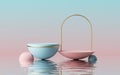 3d render, abstract modern minimal pink blue background with empty hemisphere podium, golden arch frame and reflection